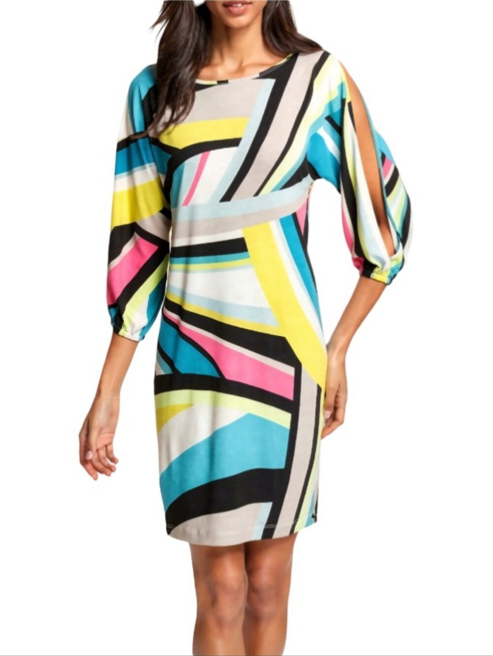 CALVIN KLEIN Colorful Geometric Shift Dress - 3/4 Slit Sleeves Sz 8